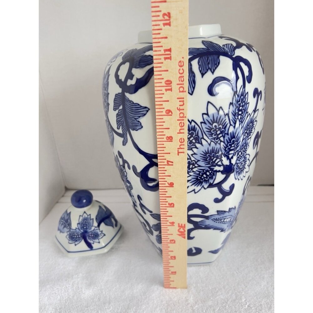 Vintage Chinoiserie Hexagon Ginger Jar Blue White15"H x 7"W Asian Home Decor - Picture 5 of 7